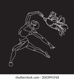 Minimal illustration of male dancer. Surreal line art modern man with magnolia frower growing from him. Contemporary art. Young flexible athletic men with flowers. Dancer school logo