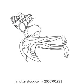 Minimal illustration of male dancer. Surreal line art modern man with magnolia frower growing from him. Contemporary art. Young flexible athletic men with flowers. Dancer school logo