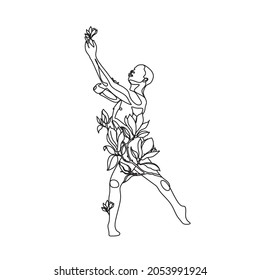 Minimal illustration of male dancer. Surreal line art modern man with magnolia frower growing from him. Contemporary art. Young flexible athletic men with flowers. Dancer school logo