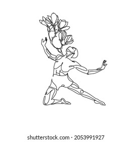 Minimal illustration of male dancer. Surreal line art modern man with magnolia frower growing from him. Contemporary art. Young flexible athletic men with flowers. Dancer school logo