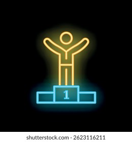 Minimal illustration in neon colors representing a person raising arms in the winner's podium