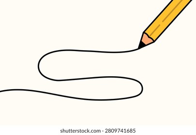 Minimal illustration of a pencil drawing a continuous curved line on a blank background. Ideal for creativity, education, sketching, writing, and design concepts.
