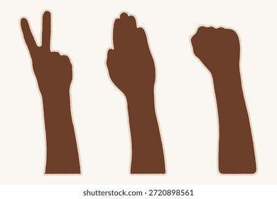 Ilustração mínima de mãos levantadas com gestos diferentes. Símbolo de unidade, diversidade, protesto, liberdade, paz e direitos humanos. Design plano moderno em fundo neutro para uso social e editorial.