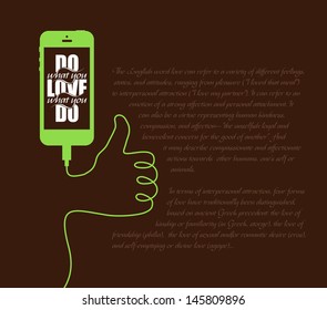 Minimal illustration with smart phone and inspirational writing and wire forming "like" sign. Optimistic background for your message. Simple and original vector design.