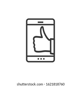 Minimal illustration with smart phone and like sign. Stock vector illustration isolated on white background.