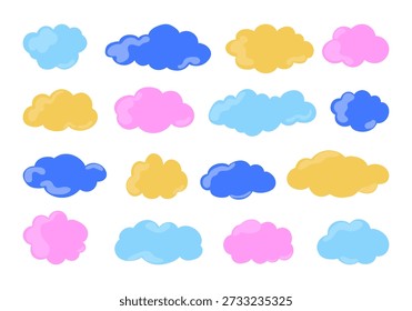 Ilustração mínima de nuvens multicoloridas estilizadas em um fundo branco. Bolhas de fala para projetos criativos ou educativos.