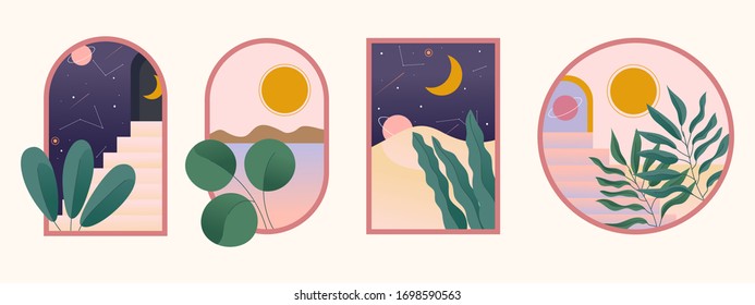 Mínima ilustración en varios marcos con escaleras, arcos, plantas y otros objetos.