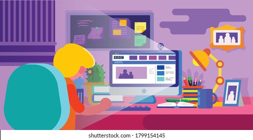 minimal illustration of working from the home man sitting in front of a desktop and stationary items kept on the desk.