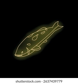Minimal illustration of a yellow koi carp swimming upwards, with a neon tube effect on black background