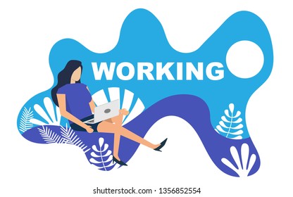 Minimal illustrator/vector of woman while working with laptop among the natural tree landscape for using as wallpaper,background or backgrop