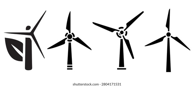 Minimal industrial icon set featuring wind turbine silhouettes, utility tools, plumbing elements and clean energy vector symbols