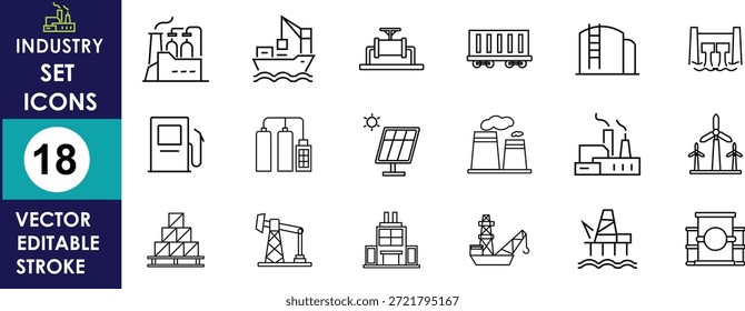 Conjunto de íconos de la industria mínima con fábricas, bombas de combustible, barcos, tanques, camiones, paneles solares, turbinas eólicas, refinerías, grúas, tuberías e infraestructura energética en estilo Vector