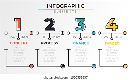 Minimal Infographic with 4 colorful line frame elements. Chart process template. Vector illustration for company or corporate business project and presentation. Trendy Eps10 art design