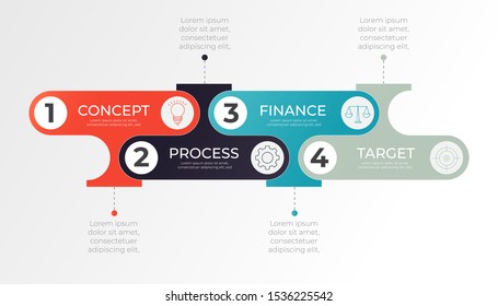 Minimal infographic with 4 horizontal row of abstract colorful shape icons. Timeline process template. Modern vector art for company or corporate business project and presentation. Trendy Eps10 design
