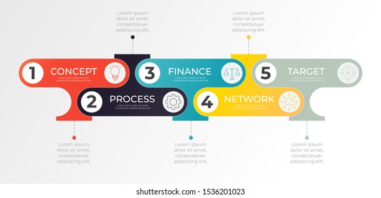 Minimal infographic with 5 horizontal row of abstract colorful shape icons. Timeline process template. Modern vector art for company or corporate business project and presentation. Trendy Eps10 design