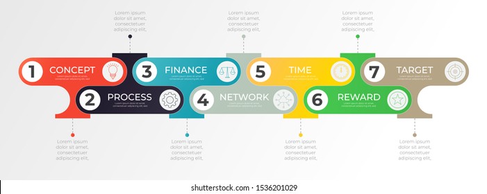 Minimal infographic with 7 horizontal row of abstract colorful shape icons. Timeline process template. Modern vector art for company or corporate business project and presentation. Trendy Eps10 design