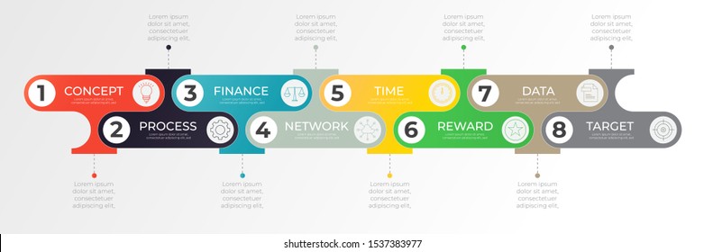 Minimal infographic with 8 horizontal row of abstract colorful shape icons. Timeline process template. Modern vector art for company or corporate business project and presentation. Trendy Eps10 design