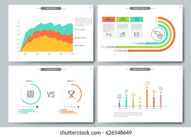 Minimal Infographic Brochure Template. Pages With Comparison Diagram, Line Graph, Bar Progress And Circular Chart Elements. Business Data Visualization Concept. Vector Illustration For Presentation.