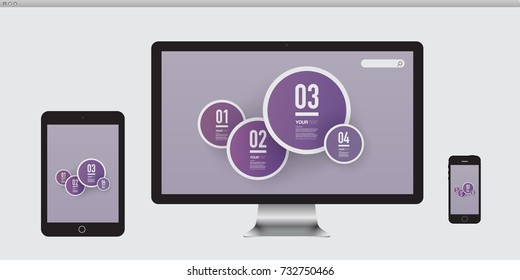 Minimal infographic bubbles design on tablet, desktop computer monitor and smartphone. Eps 10 stock vector illustration 