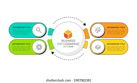 La plantilla de elemento de círculo infográfico mínimo se puede utilizar para diseño de flujo de trabajo, diagrama, opciones de número, diseño web. Concepto de negocio infográfico con 4 opciones, partes, pasos o procesos.