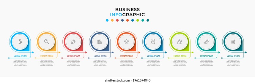 Minimal Infographic circle label design business vector template with icons and 9 options or steps. Can be used for process diagram, presentations, workflow layout, banner, flow chart, info graph