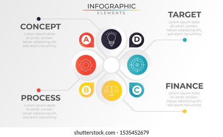 Minimal infographic concept with 4 colorful clover leaf elements and pin point. Timeline process template. Modern art vector for company or corporate business and presentation. Trendy Eps10 design