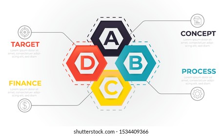 Minimal infographic concept with 4 realistic colorful polygon paper steps and icons. Annual template. Modern vector art for company or corporate business project and presentation. Trendy Eps10 design
