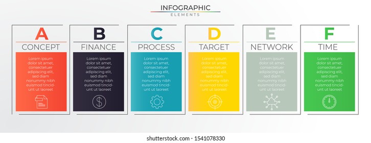 Minimal infographic concept with 6 steps colorful paper, line, and icons. Chart process template. Modern vector art for company or corporate business project and presentation. Trendy Eps10 design