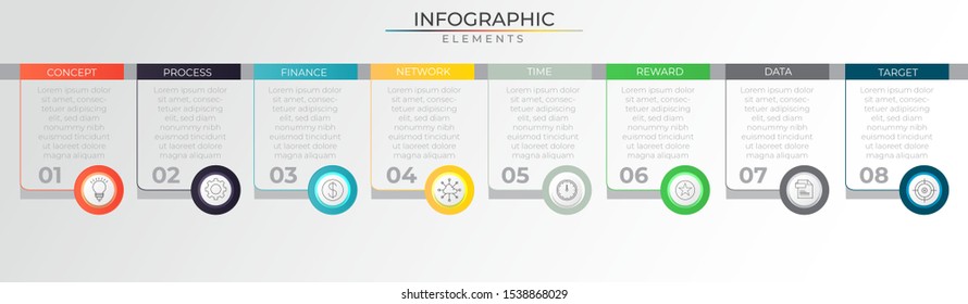 Minimal infographic concept with 8 steps colorful frame element and icons . Timeline process template. Modern vector art for company or corporate business project and presentation. Trendy Eps10 design