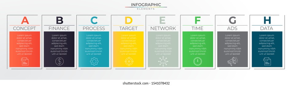 Minimal infographic concept with 8 steps colorful paper, line, and icons. Chart process template. Modern vector art for company or corporate business project and presentation. Trendy Eps10 design