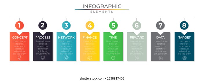 Minimal infographic concept with colorful 8 steps paper elements and icons. Timeline process template. Modern vector art for company or corporate business project and presentation. Trendy Eps10 design