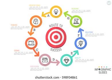 Minimal infographic design layout. Circular chart with 7 colored circles successively connected by arrows and located around target symbol. Seven features of business functioning. Vector illustration.