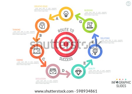 Minimal infographic design layout. Circular chart with 7 colored circles successively connected by arrows and located around target symbol. Seven features of business functioning. Vector illustration.