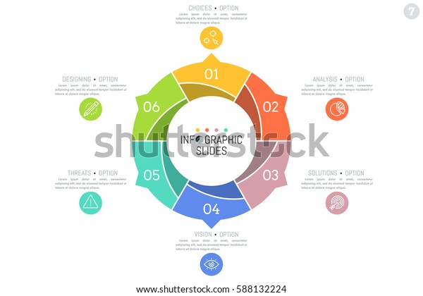 Minimal infographic design layout. Circular\
diagram divided into 6 colorful sectors with arrows pointing at\
text boxes and pictograms. Six features of successful startup\
concept. Vector\
illustration.