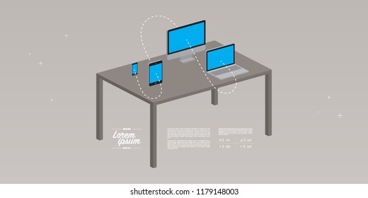 Minimal infographic design with smartphone, tablet, desktop monitor, laptop icons. Eps 10 stock vector illustration