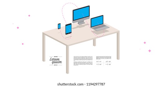 Design infográfico mínimo com smartphone, tablet, monitor de desktop, ícones de notebook. Eps 10 ilustração de vetor de estoque