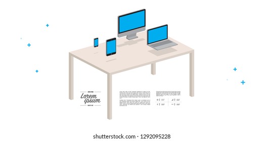 Minimal infographic design with smartphone, tablet, desktop monitor, laptop icons. Eps 10 stock vector illustration