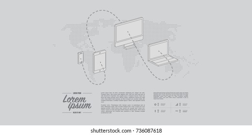 Minimal infographic design with smartphone, tablet, desktop monitor, laptop icons and world map in the background. Eps 10 stock vector illustration 