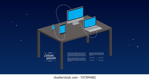 Minimal infographic design with smartphone, tablet, desktop monitor, laptop icons. Eps 10 stock vector illustration