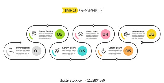 Minimal Infographic design template with 6 options or steps.  Can be used for process diagram, presentations, workflow layout, banner, flow chart, info graph.