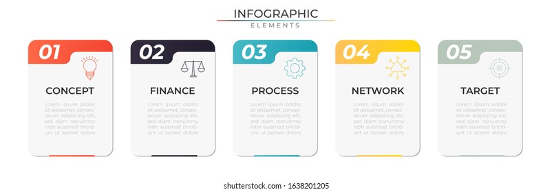 Minimal infographic design template with icons and five realistic modern rectangle elements. Data process visualization. Vector for company and corporate business project and presentation. Eps 10