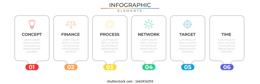 Plantilla de diseño infográfico mínima con iconos y seis pasos de flecha conectados. Ilustración vectorial para el proyecto y presentación de empresas y empresas. Eps 10