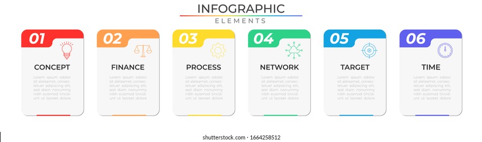 Minimal infographic design template with icons and six realistic modern rectangle elements. Data process visualization. Vector illustration for company and corporate business project and presentation.