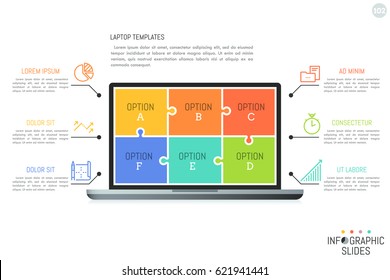Minimal infographic design template with lettered options. Laptop screen divided into 6 colorful jigsaw puzzle pieces, icons and text boxes. Vector illustration for website, presentation, brochure.