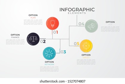 Minimal infographic design template. Process scheme with 5 circular colorful paper with white elements connected by lines. Business presentation concept. Modern vector illustration