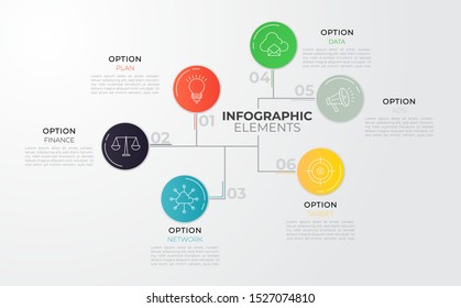 Minimal infographic design template. Process scheme with 6 circular colorful paper with white elements connected by lines. Business presentation concept. Modern vector illustration