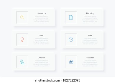 Minimal infographic template design with six  linear icons and text boxes, suitable for business presentation or webpage