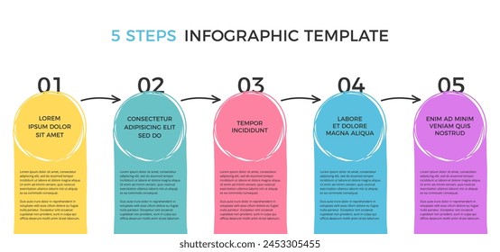 Plantilla infográfica mínima con cinco círculos y flechas dibujadas a mano, ilustración eps10 de Vector