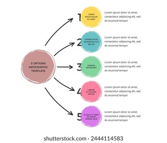 Minimal infographic template with main circle and five elements for your text, hand drawn circles and arrows, vector eps10 illustration