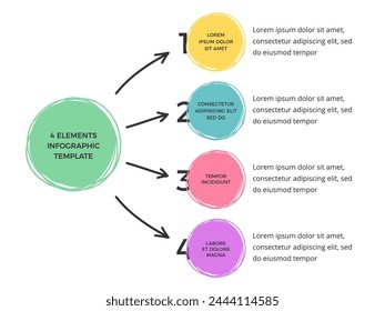 Minimal infographic template with main circle and four elements for your text, hand drawn circles and arrows, vector eps10 illustration